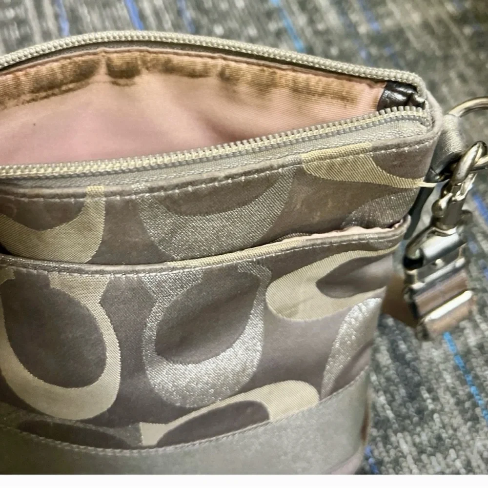 COACH Gray Silver Tan Strap Signature Canvas Crossbody Leather trim Bag W/Wallet